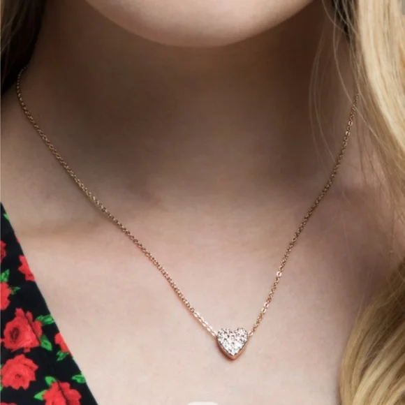 Dainty pave rhinestone heart charm necklace with bonus earrings in rose … - Picture 3 of 6